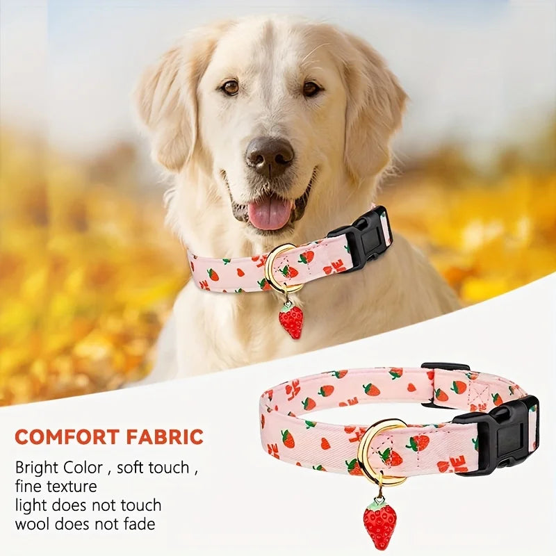 Fruit Print Polyester Dog Collar Set with Adjustable Buckles and Zinc Alloy Rings Stylish and Durable, Machine Washable