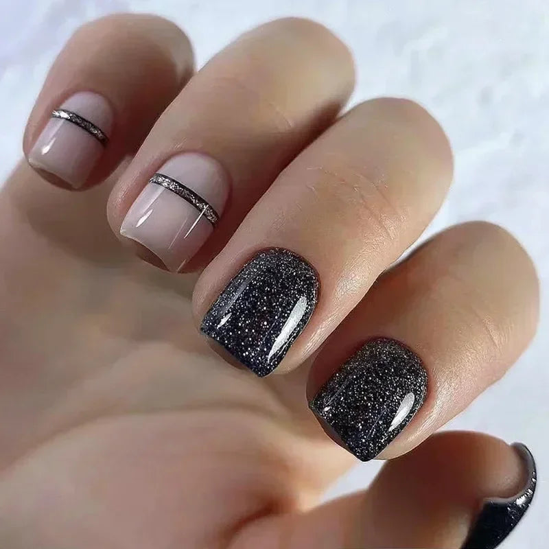 24Pcs Wine Red Press-On Nails β Short Square & Round Tips with Glitter Finish + Nail Glue