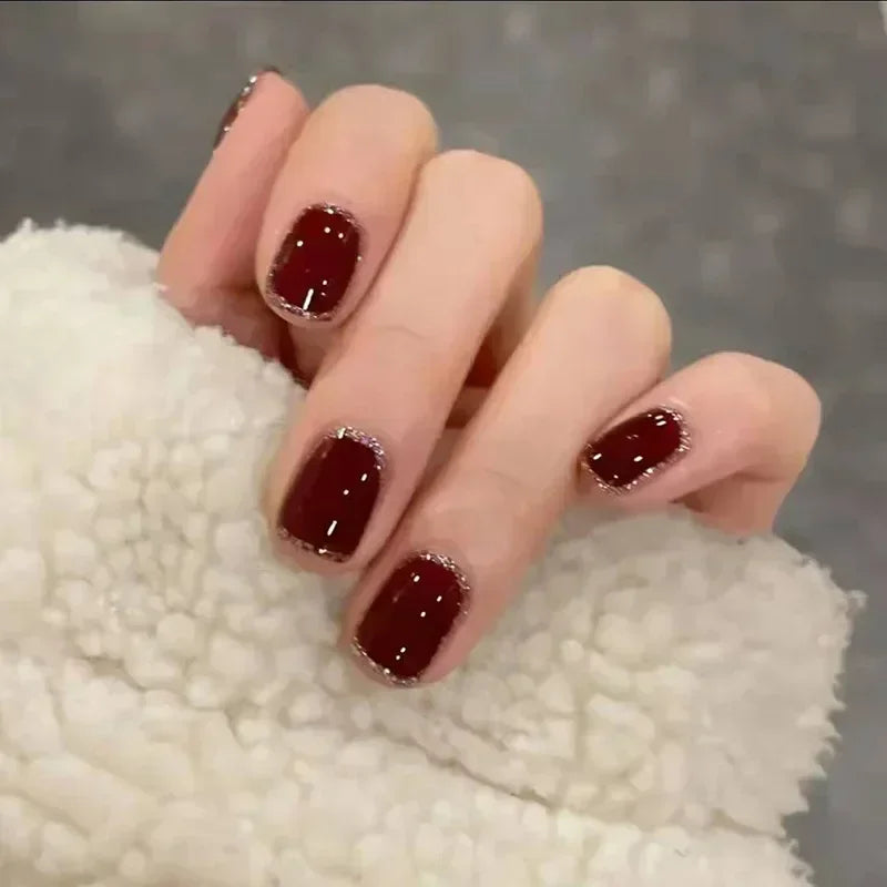 24Pcs Wine Red Press-On Nails β Short Square & Round Tips with Glitter Finish + Nail Glue