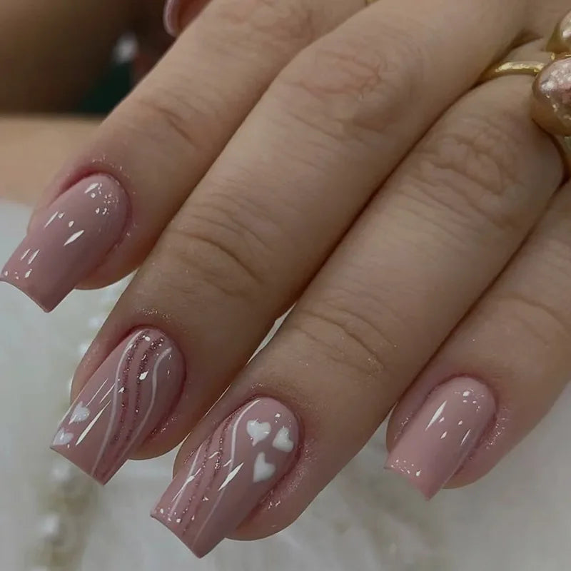 24pcs Blue Heart Press-On Nails – 3D Valentine’s Design | Short Square Ballet Fake Nail Set for Women & Girls
