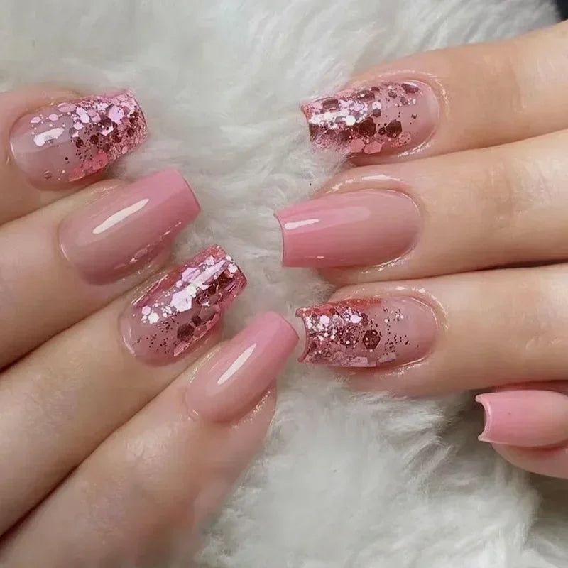 24Pcs Wine Red Press-On Nails β Short Square & Round Tips with Glitter Finish + Nail Glue