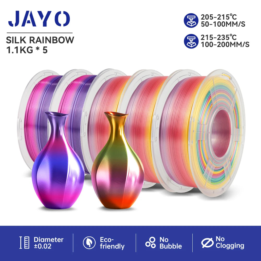 JAYO PLA+ Silk Rainbow 3D Printer Filament β 1.75mm Tri-Color No-Bubble High-Gloss Finish for FDM Printers
