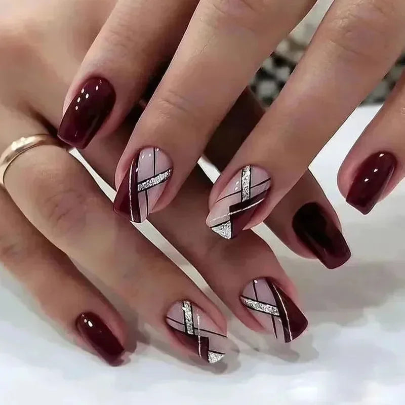 24Pcs Wine Red Press-On Nails β Short Square & Round Tips with Glitter Finish + Nail Glue