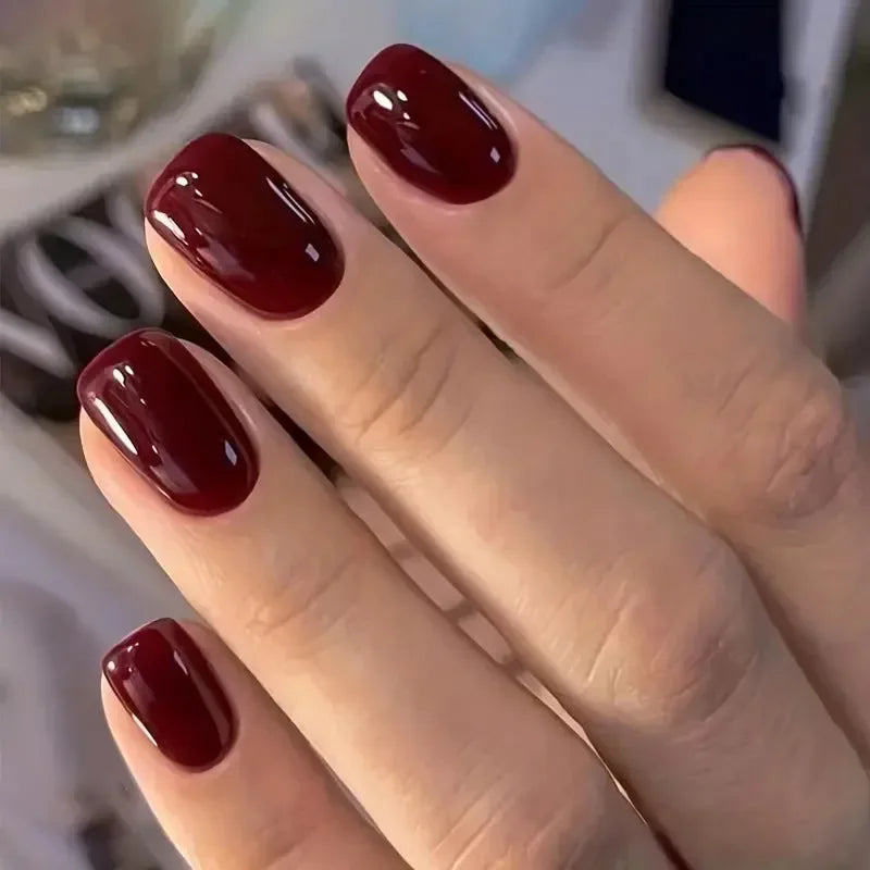 24Pcs Wine Red Press-On Nails β Short Square & Round Tips with Glitter Finish + Nail Glue