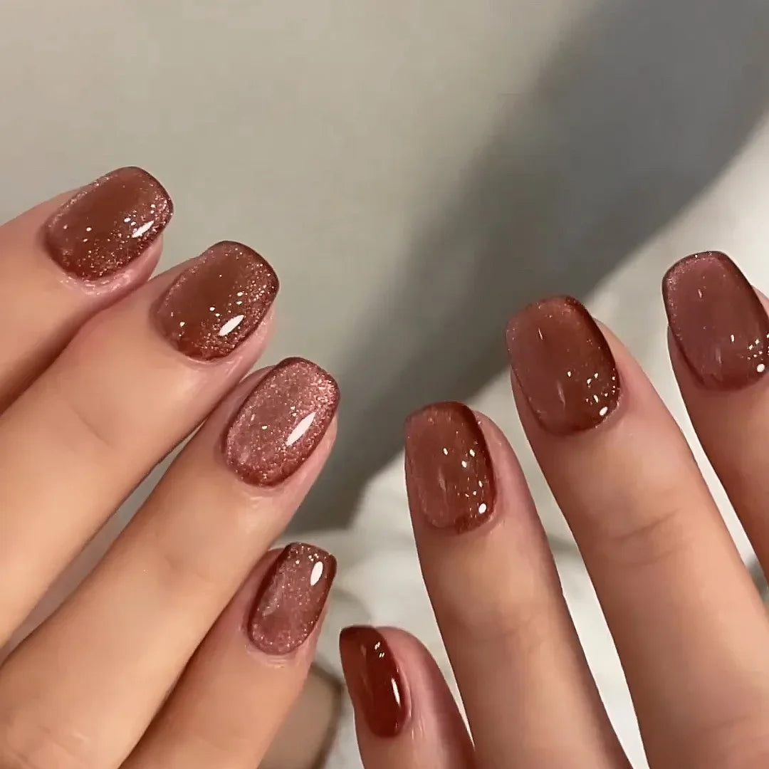 24Pcs Wine Red Press-On Nails β Short Square & Round Tips with Glitter Finish + Nail Glue