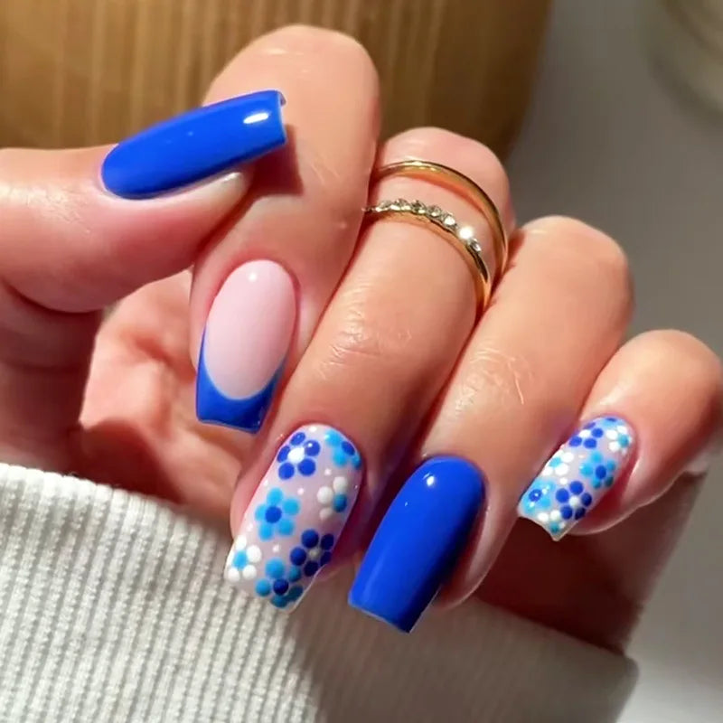 24pcs Blue Heart Press-On Nails – 3D Valentine’s Design | Short Square Ballet Fake Nail Set for Women & Girls