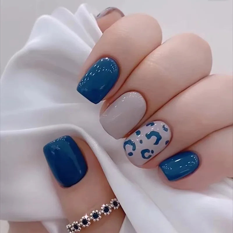 24pcs Blue Heart Press-On Nails – 3D Valentine’s Design | Short Square Ballet Fake Nail Set for Women & Girls