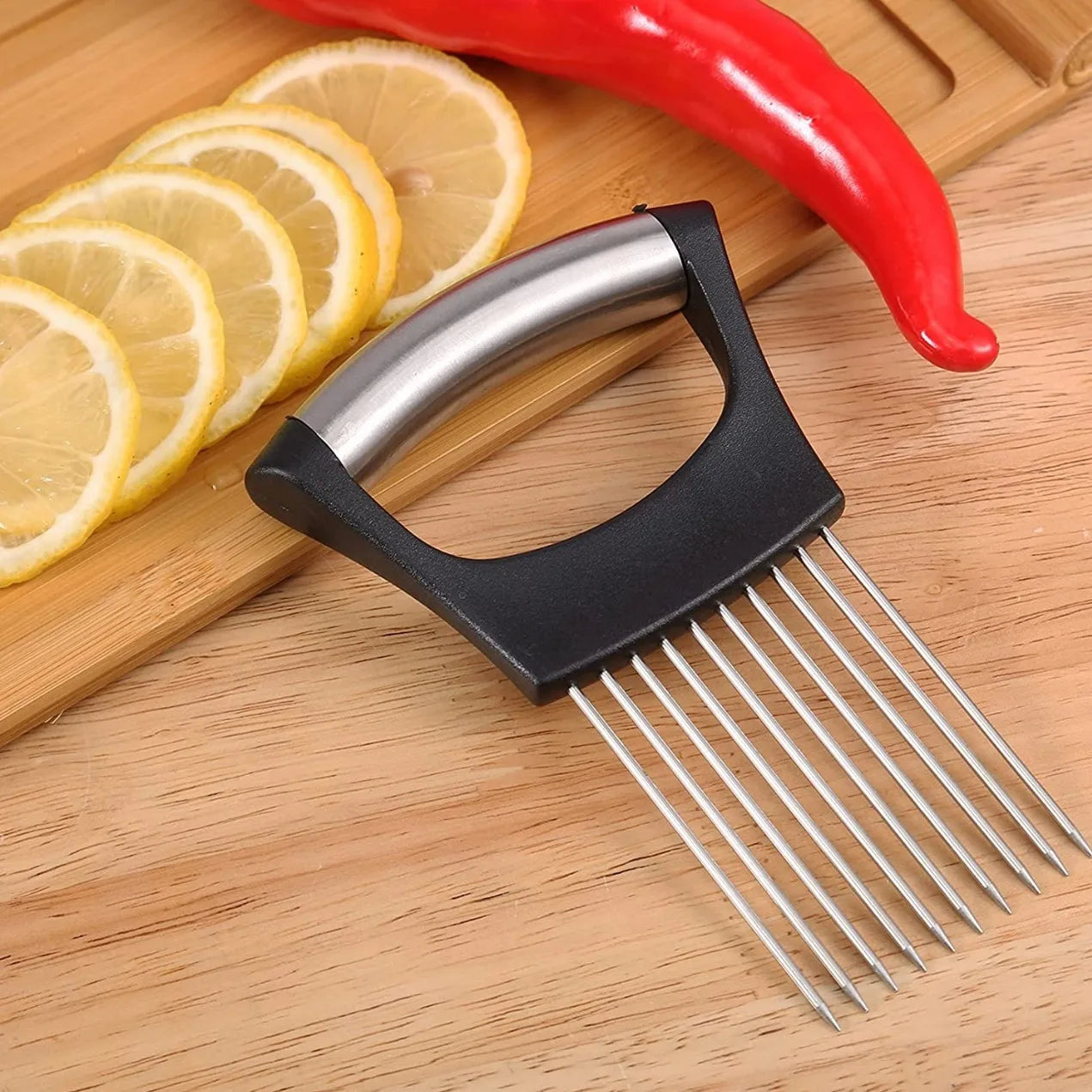 Stainless Steel Onion Slicer Holder, Multipurpose Meat Tenderizers, Vegetable Potato Tomato Lemon Cutting Tool, Full Grip Ha