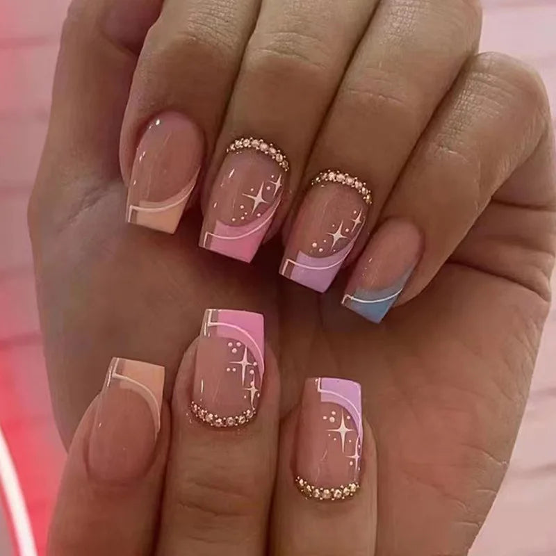 24pcs Blue Heart Press-On Nails – 3D Valentine’s Design | Short Square Ballet Fake Nail Set for Women & Girls
