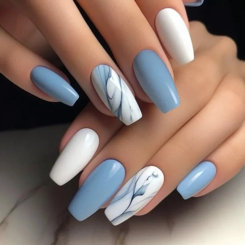 24pcs Blue Heart Press-On Nails – 3D Valentine’s Design | Short Square Ballet Fake Nail Set for Women & Girls