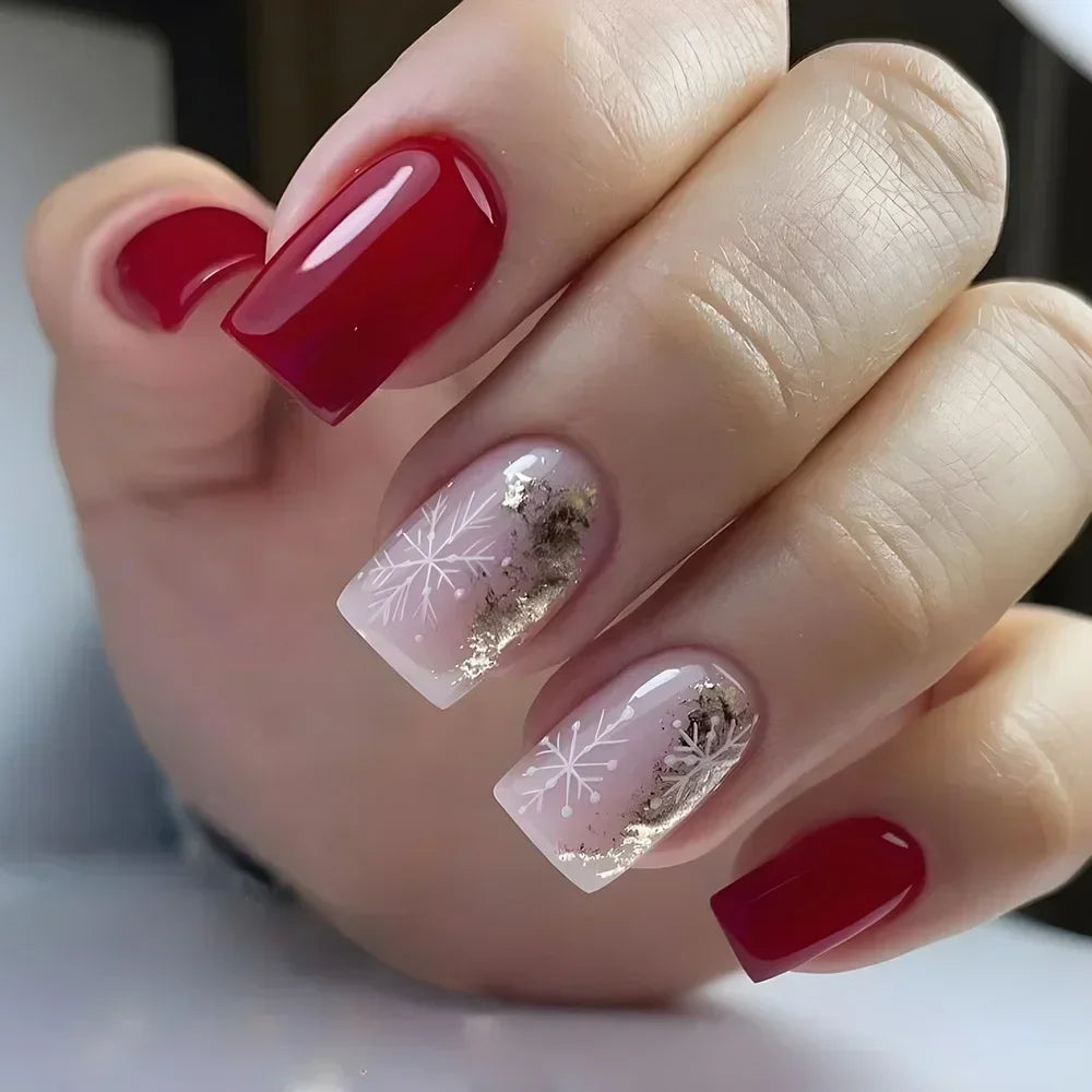 24Pcs Wine Red Press-On Nails β Short Square & Round Tips with Glitter Finish + Nail Glue