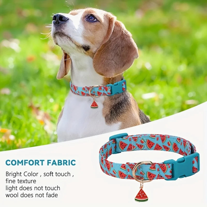Fruit Print Polyester Dog Collar Set with Adjustable Buckles and Zinc Alloy Rings Stylish and Durable, Machine Washable