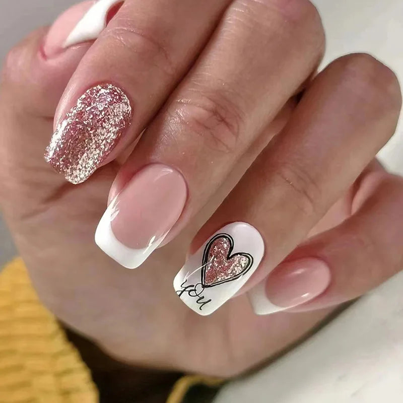 24pcs Blue Heart Press-On Nails – 3D Valentine’s Design | Short Square Ballet Fake Nail Set for Women & Girls