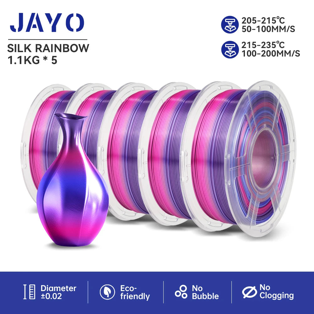 JAYO PLA+ Silk Rainbow 3D Printer Filament β 1.75mm Tri-Color No-Bubble High-Gloss Finish for FDM Printers