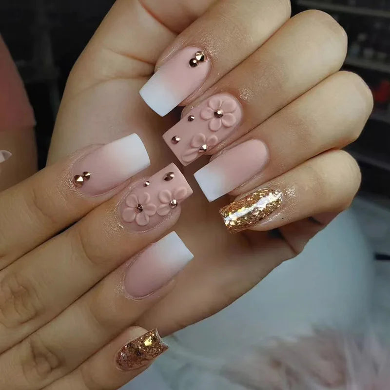 24pcs Blue Heart Press-On Nails – 3D Valentine’s Design | Short Square Ballet Fake Nail Set for Women & Girls