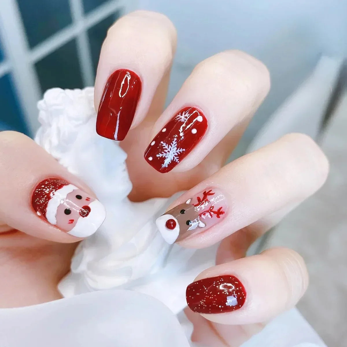24Pcs Wine Red Press-On Nails β Short Square & Round Tips with Glitter Finish + Nail Glue