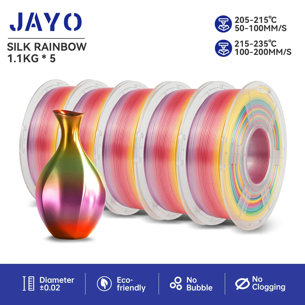 JAYO PLA+ Silk Rainbow 3D Printer Filament β 1.75mm Tri-Color No-Bubble High-Gloss Finish for FDM Printers