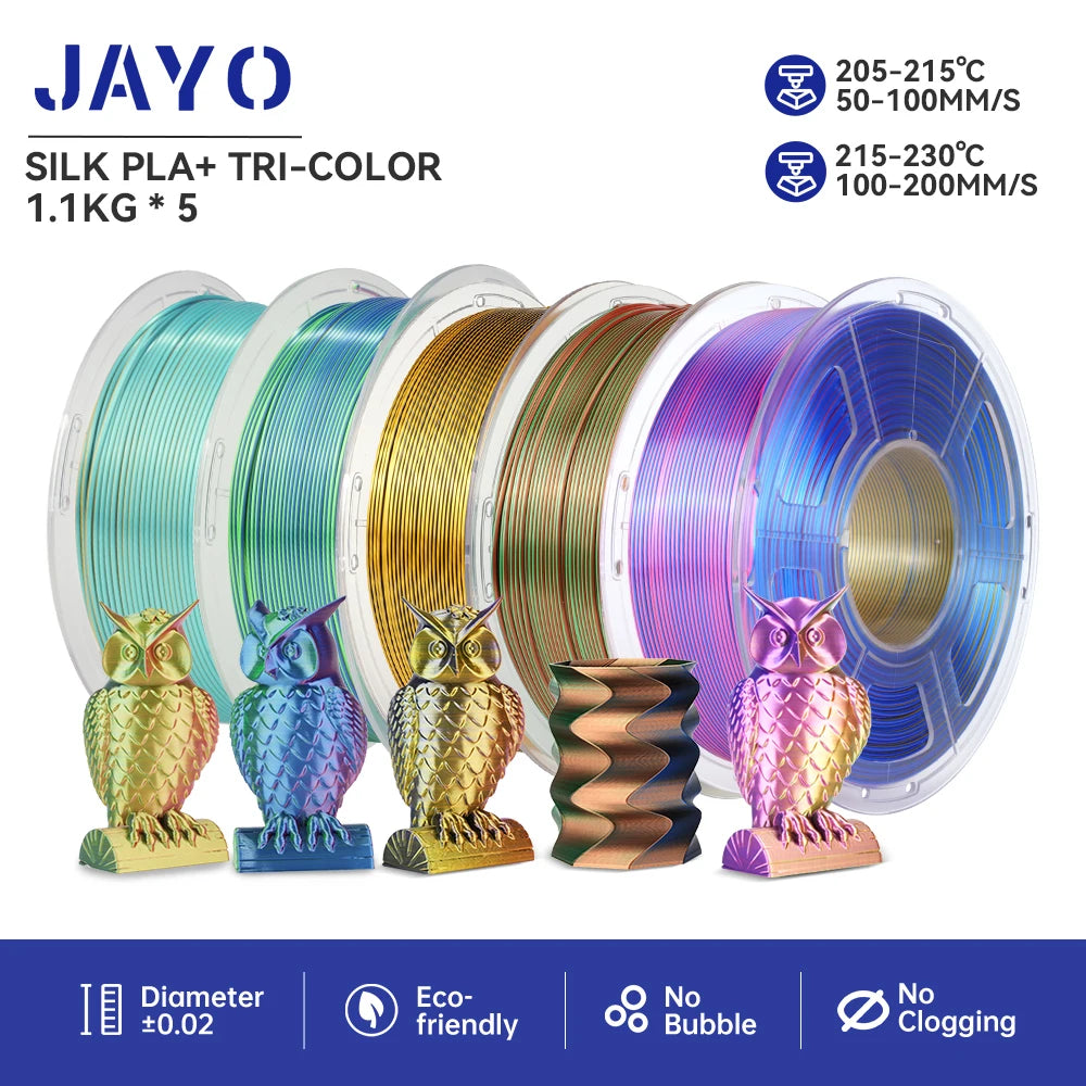 JAYO PLA+ Silk Rainbow 3D Printer Filament β 1.75mm Tri-Color No-Bubble High-Gloss Finish for FDM Printers