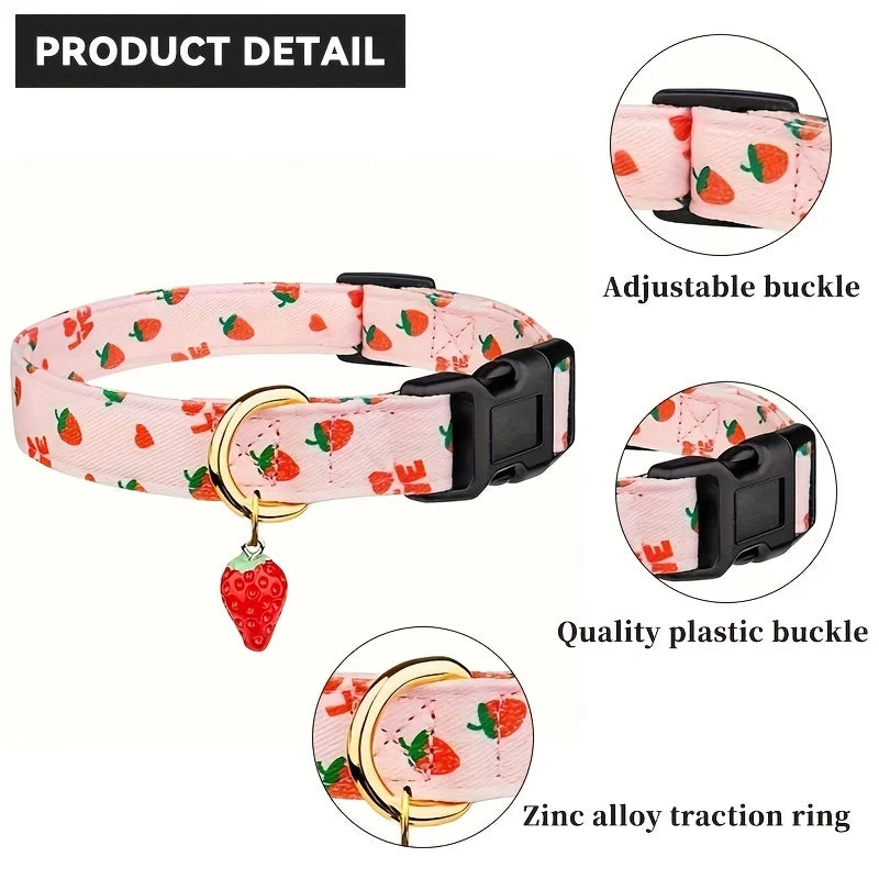 Fruit Print Polyester Dog Collar Set with Adjustable Buckles and Zinc Alloy Rings Stylish and Durable, Machine Washable