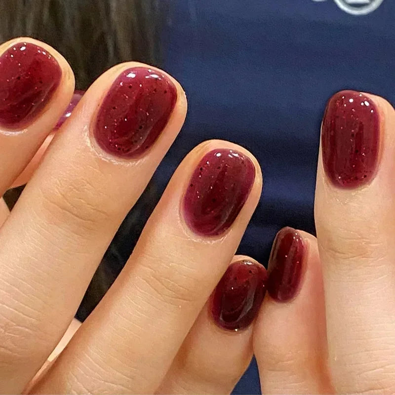 24Pcs Wine Red Press-On Nails β Short Square & Round Tips with Glitter Finish + Nail Glue