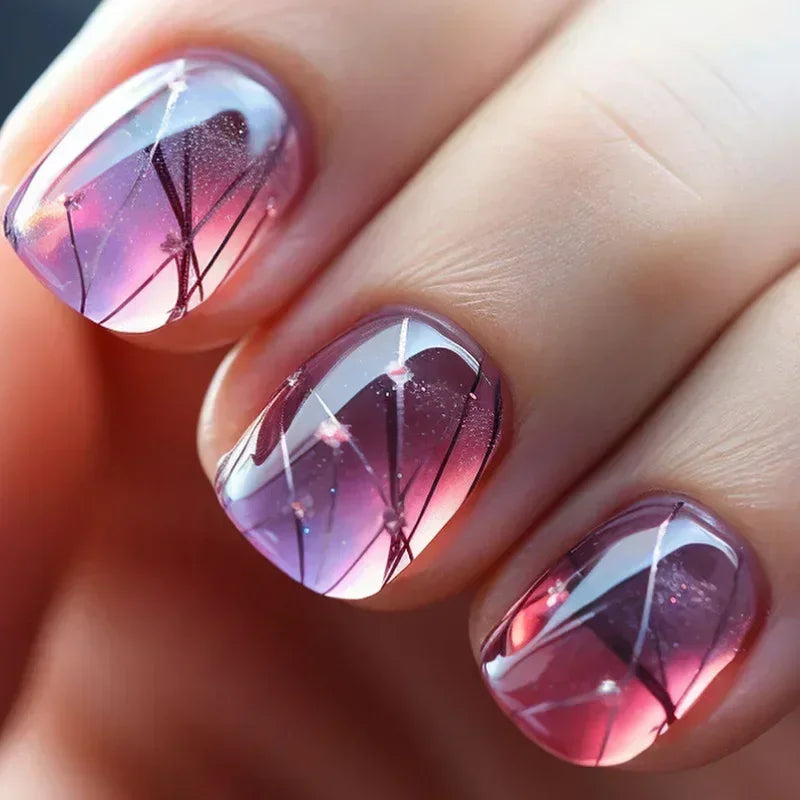 24Pcs Wine Red Press-On Nails β Short Square & Round Tips with Glitter Finish + Nail Glue