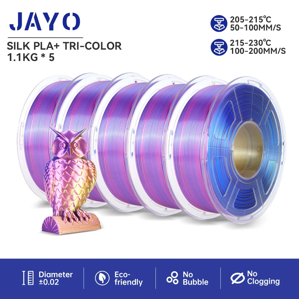 JAYO PLA+ Silk Rainbow 3D Printer Filament β 1.75mm Tri-Color No-Bubble High-Gloss Finish for FDM Printers