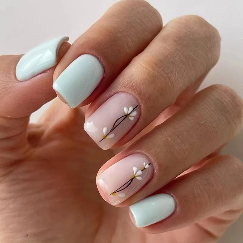 24pcs Blue Heart Press-On Nails – 3D Valentine’s Design | Short Square Ballet Fake Nail Set for Women & Girls