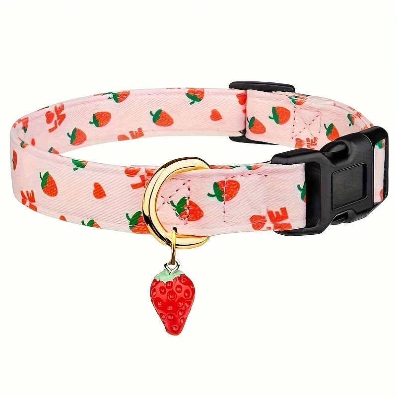 Fruit Print Polyester Dog Collar Set with Adjustable Buckles and Zinc Alloy Rings Stylish and Durable, Machine Washable