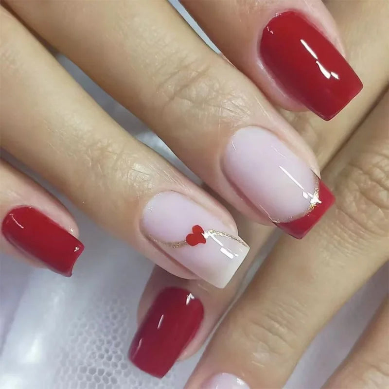 24pcs Blue Heart Press-On Nails – 3D Valentine’s Design | Short Square Ballet Fake Nail Set for Women & Girls