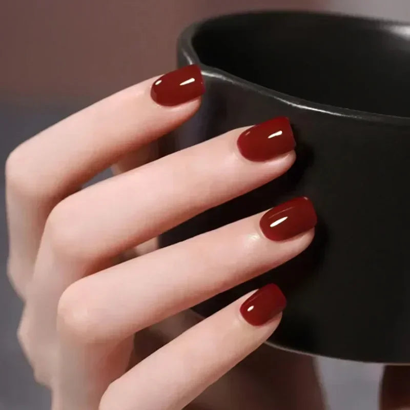 24Pcs Wine Red Press-On Nails β Short Square & Round Tips with Glitter Finish + Nail Glue