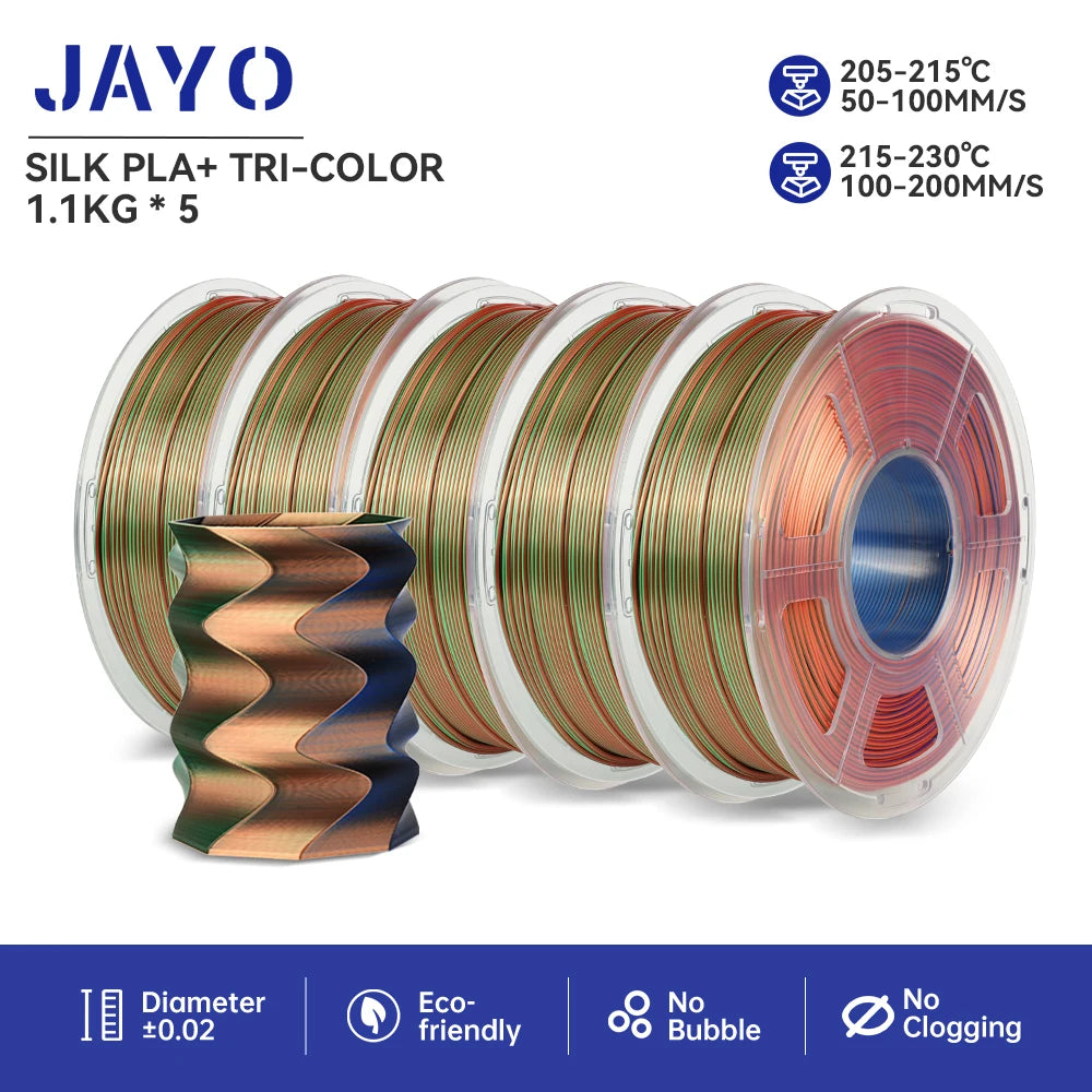 JAYO PLA+ Silk Rainbow 3D Printer Filament β 1.75mm Tri-Color No-Bubble High-Gloss Finish for FDM Printers