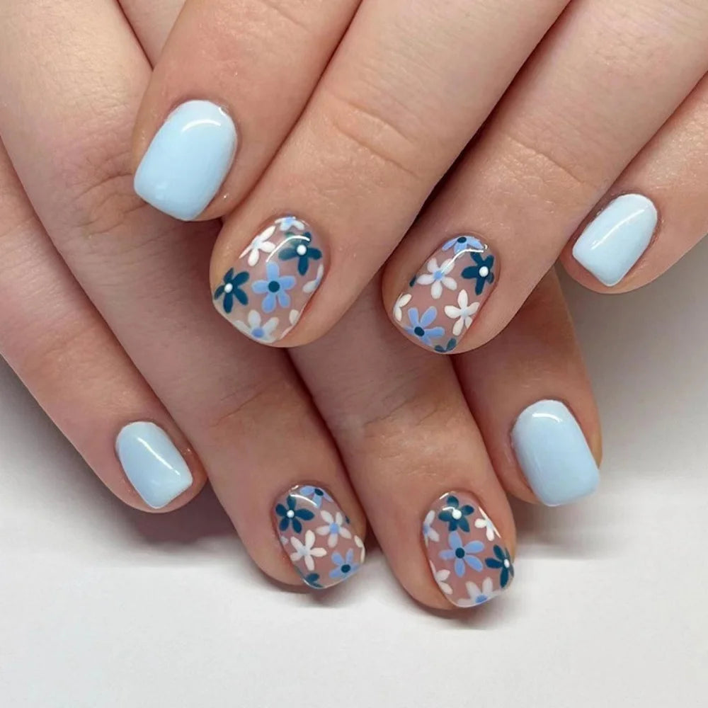 24pcs Blue Heart Press-On Nails – 3D Valentine’s Design | Short Square Ballet Fake Nail Set for Women & Girls