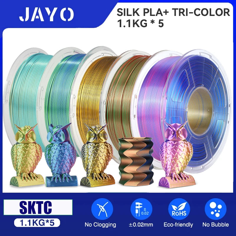 JAYO PLA+ Silk Rainbow 3D Printer Filament – 1.75mm Tri-Color No-Bubble High-Gloss Finish for FDM Printers
