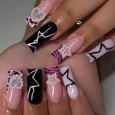 Spice Girl Y2K Press-On Nails – Black French Long Square with Bow & Glitter Stars