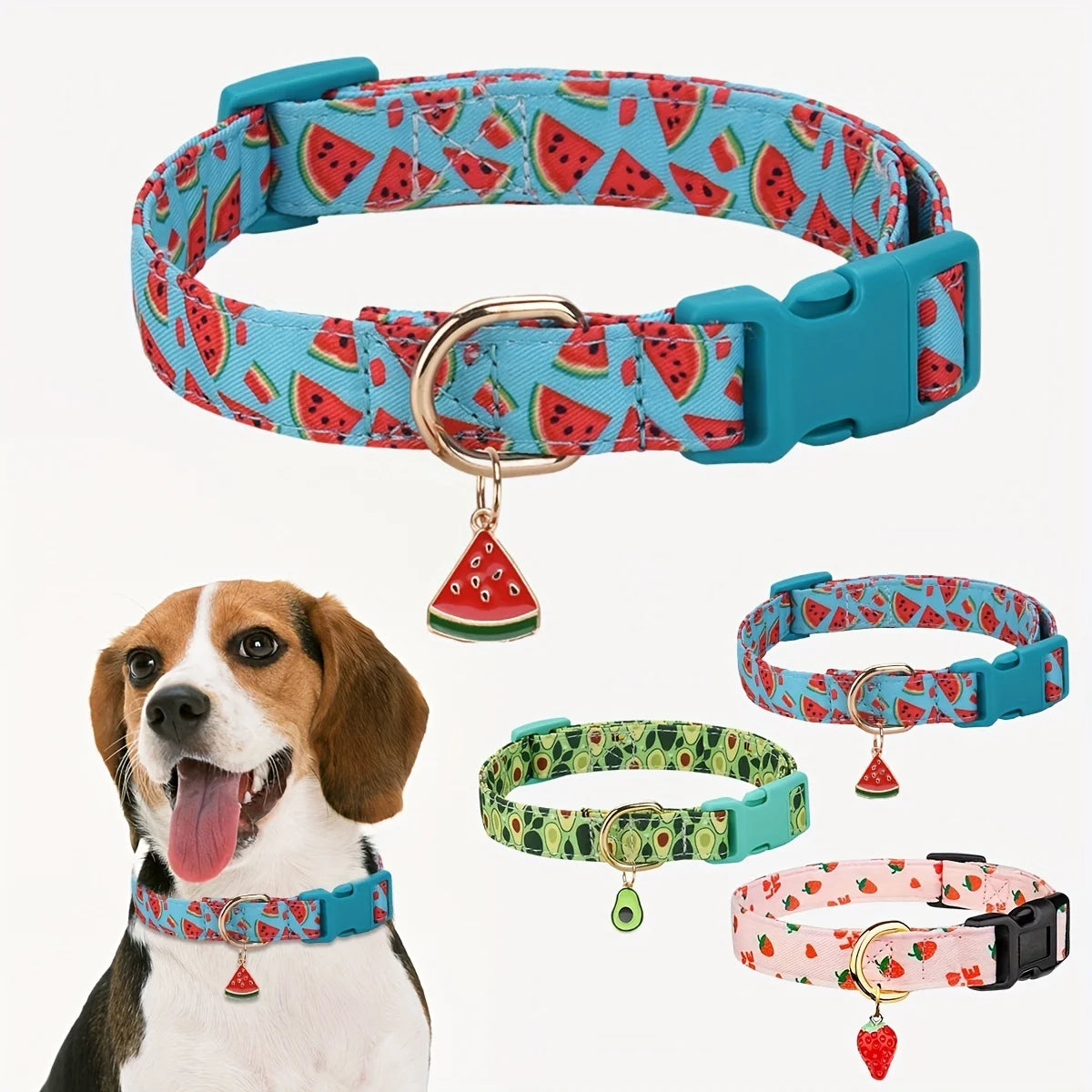 Fruit Print Polyester Dog Collar Set with Adjustable Buckles and Zinc Alloy Rings Stylish and Durable, Machine Washable