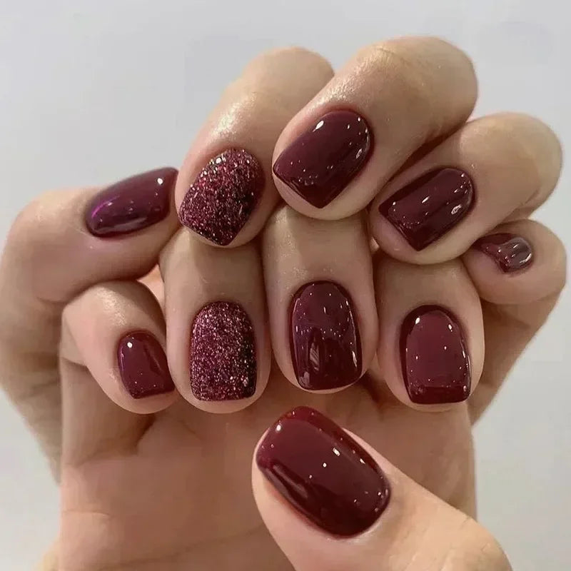 24Pcs Wine Red Press-On Nails – Short Square & Round Tips with Glitter Finish + Nail Glue