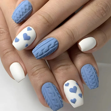24pcs Blue Heart Press-On Nails – 3D Valentine’s Design | Short Square Ballet Fake Nail Set for Women & Girls
