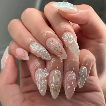 24Pcs Almond Pink Butterfly Press-On Nails – Ballet French Tip Design | Elegant Fake Nail Set for Women & Girls