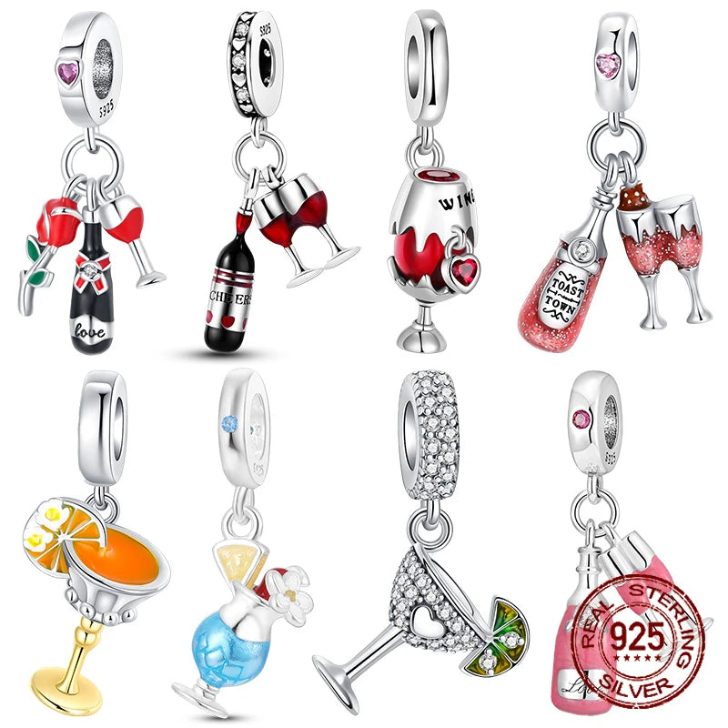 925 Sterling Silver Red wine bottle Donuts Beverage cup pendant Charms Beads Fit 4MM hole diameter Bracelets Fine DIY Jewelry
