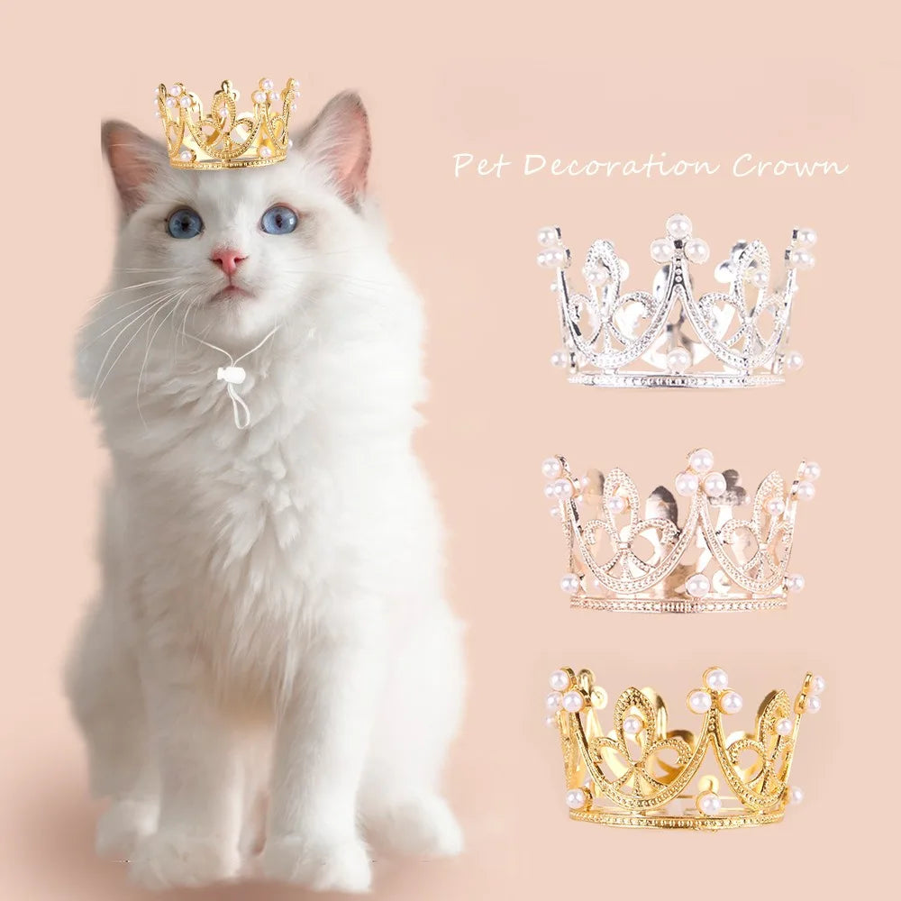 Pet Alloy Crown Adjustable Faux Pearl Shiny Crown for Wedding Birthday Party Adoption Celebration or Gotcha Day Photos