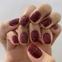 24Pcs Wine Red Press-On Nails – Short Square & Round Tips with Glitter Finish + Nail Glue