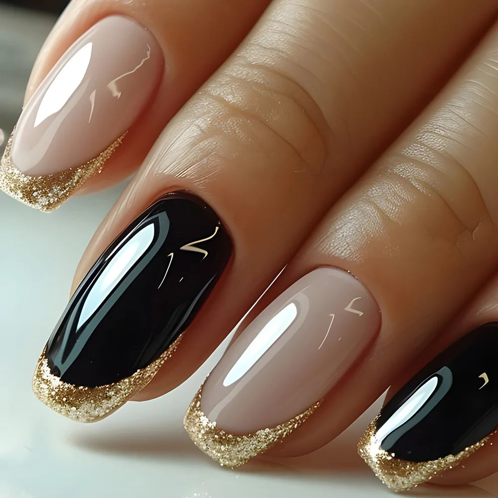 Gold Glitter Vintage Press-On Nails – Glossy French Square Fake Nail Set (24pcs)