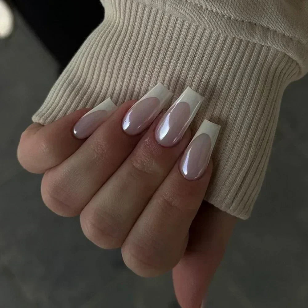 Solid Color French Tip Press-On Nails – 24Pcs Long Square Handmade Set