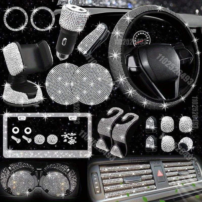 Car Accessories Set 27/4Piece Women Bling Universal Fit Polyester Steering Cover Shiny License Frame Phone Holder Coasters Tools